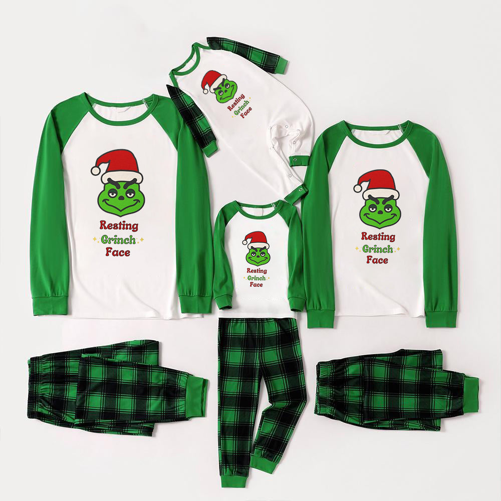 Christmas Cartoon and “Resting Face”Letter Print Family Matching Raglan Long-sleeve Pajamas Sets