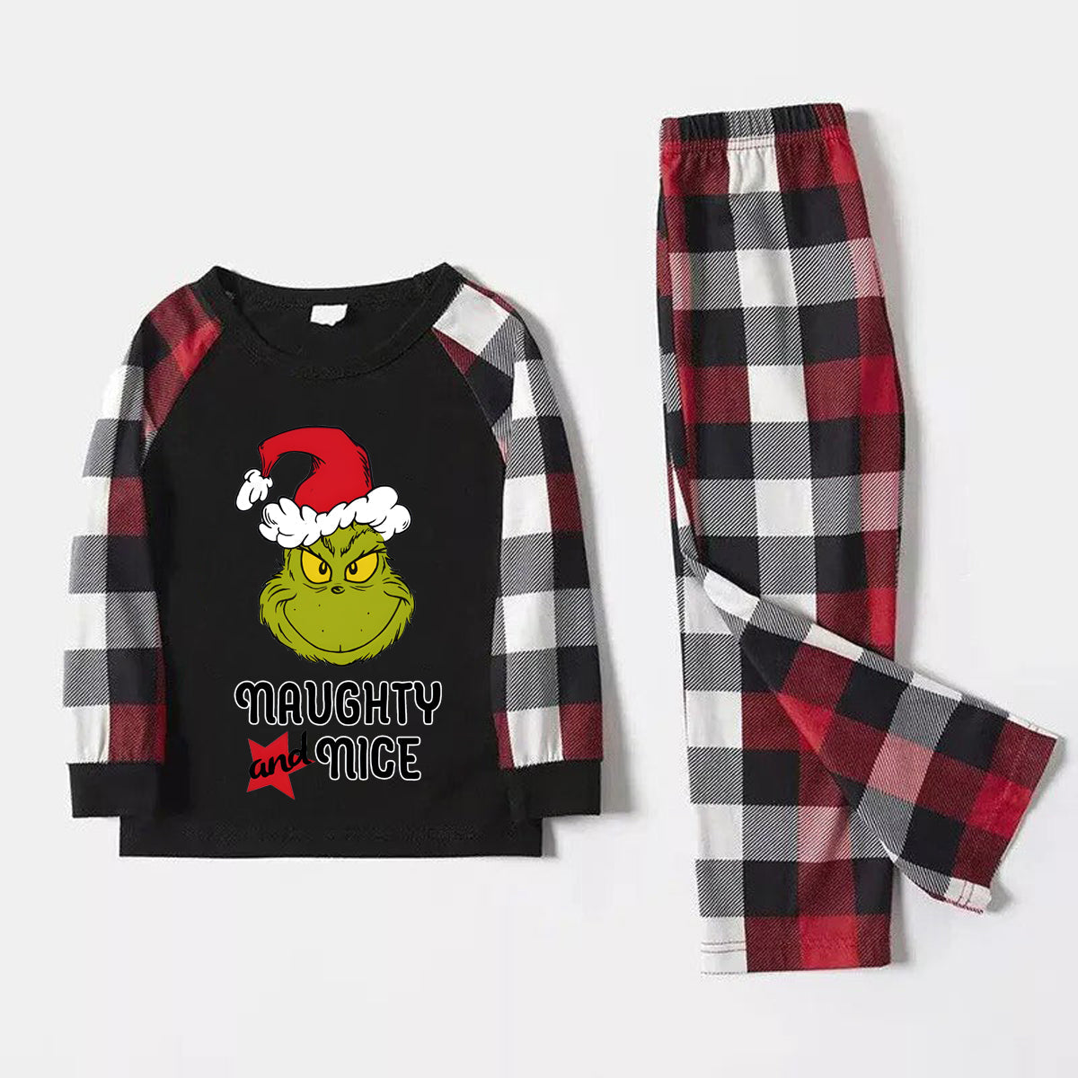 Christmas "Naughty&Nice" Letter Print Patterned Casual Long Sleeve Sweatshirts Contrast Tops and Red & Black & White Plaid Pants Family Matching Pajamas Set With Pet Bandana