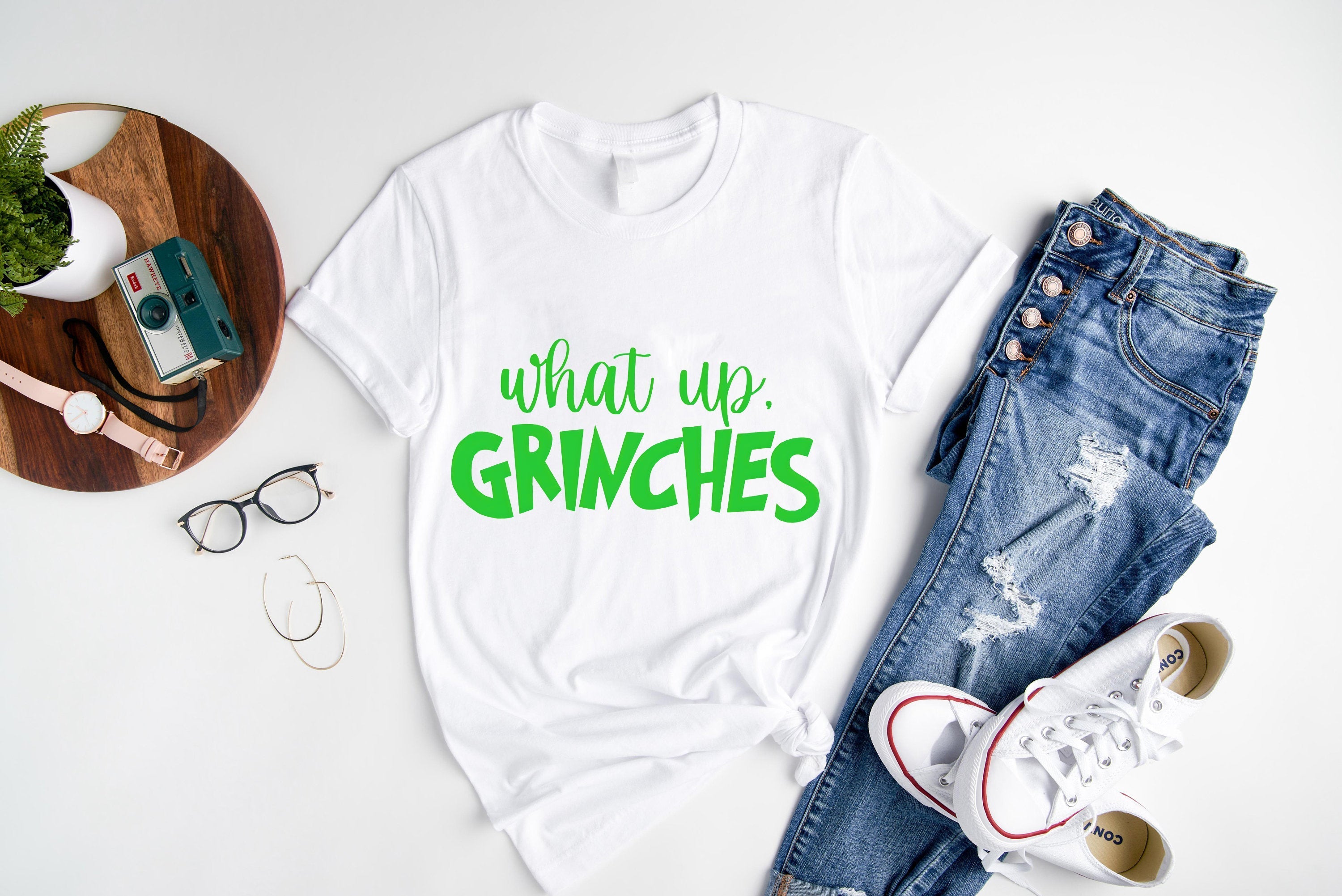 'What Up' Green Letter Pattern Family Christmas Matching Pajamas Tops Cute White Short Sleeve T-shirt With Dog Bandana