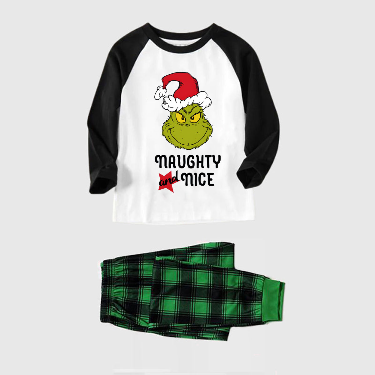 Christmas "Naughty&Nice" Letter Print Patterned Casual Long Sleeve Sweatshirts Black Contrast Top and Black and Green Plaid Pants Family Matching Pajamas Sets With Pet Bandana
