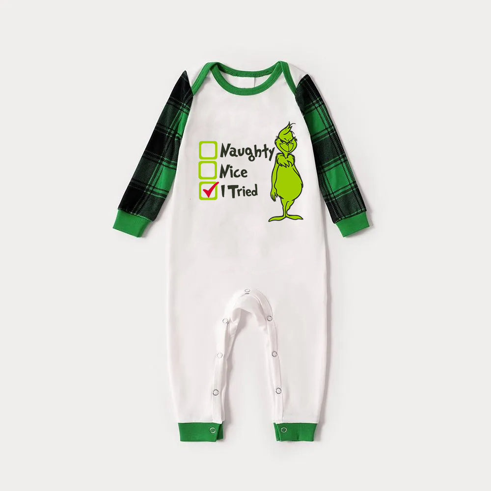 Christmas "Naughty&Nice& I Tried" Letter Print Patterned Casual Long Sleeve Sweatshirts Green Contrast Tops and Black and Green Plaid Pants Family Matching Raglan Long-sleeve Pajamas Sets With Pet Bandana
