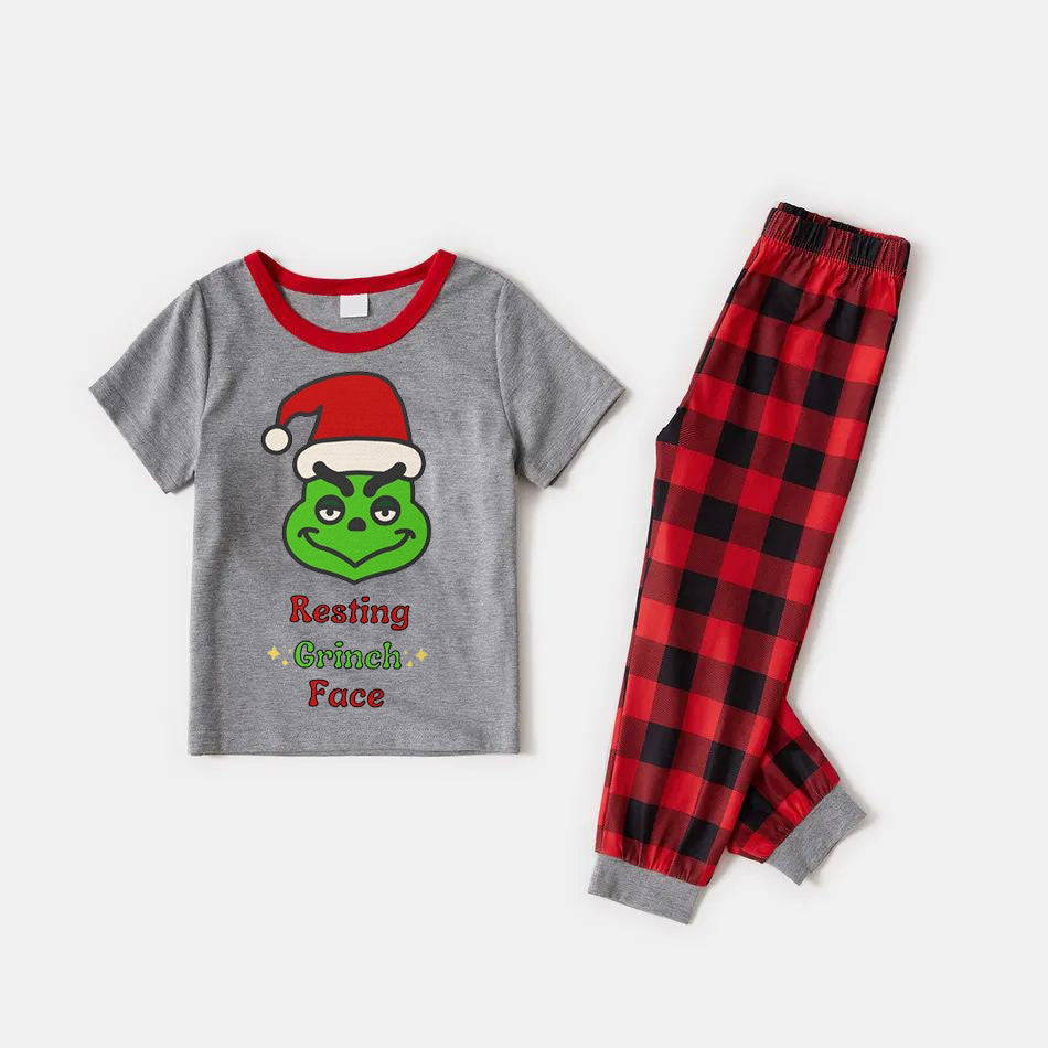 Christmas Cartoon and “Resting Face”Letter Print Family Matching Raglan Short-sleeve Top Long Pants Pajamas Sets