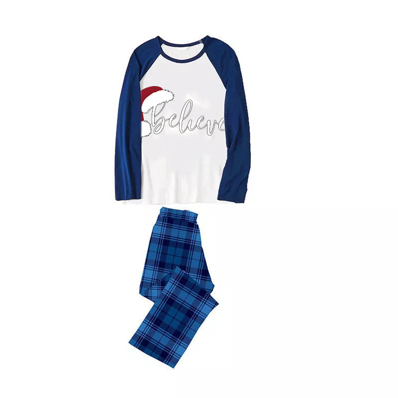 Christmas Hat and ‘Believe“ Letter Print Patterned Blue Sleeve Contrast Tops and Blue Plaid Pants Family Matching Pajamas Sets With Dog Bandan