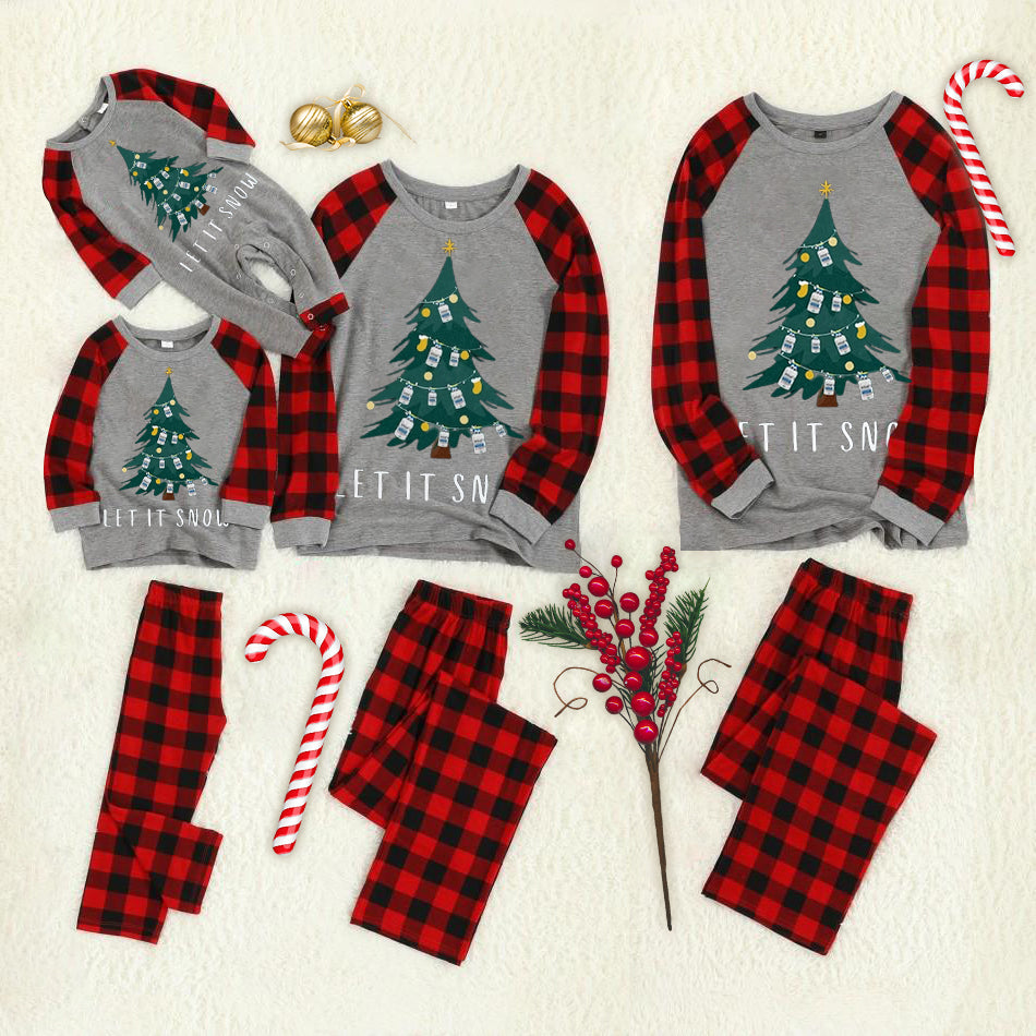 Christmas Light & Tree Patterned ”Let it Snow“ Letter Print Grey Contrast top and Black & Red Plaid Pants Family Matching Pajamas Set With Dog Bandana