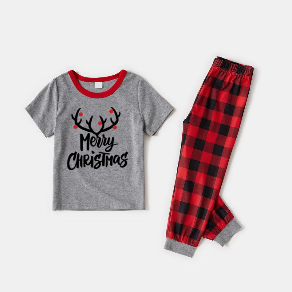 Short Sleeve Christmas Family Matching Pajamas Sets Christmas Antlers Print Grey Top and Plaid Pants