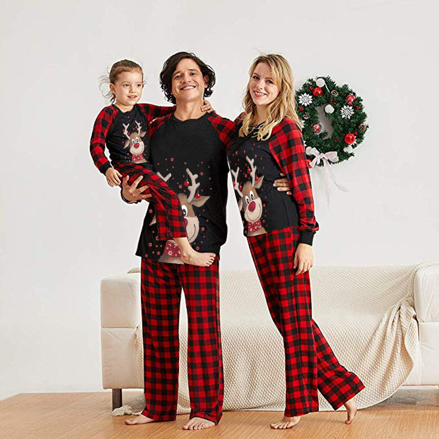 Christmas Cartoon Deer Patterned Contrast top and Plaid Pants Family Matching Pajamas Set 707