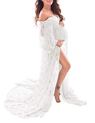 Soft Stretchy Lace Off Shoulder Doubly Split A-line Skirt Maternity Dress for Photoshoot