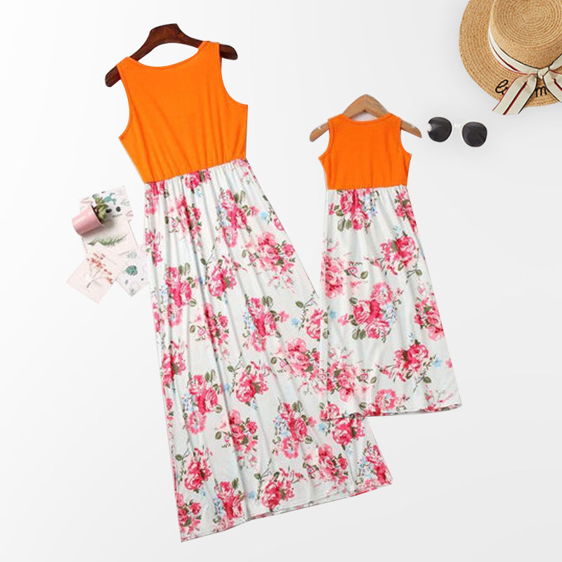 Mom Girl Botanical Prints Floor Length Matching Dress