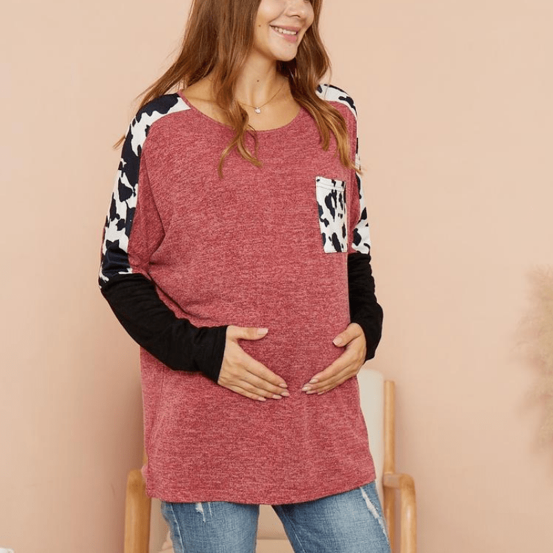 Maternity Round collar Leopard Positioning print T-shirt