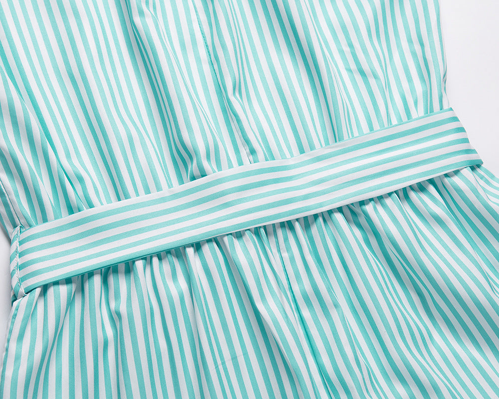 Striped Print Ruffle Hem Belted Halter Dress