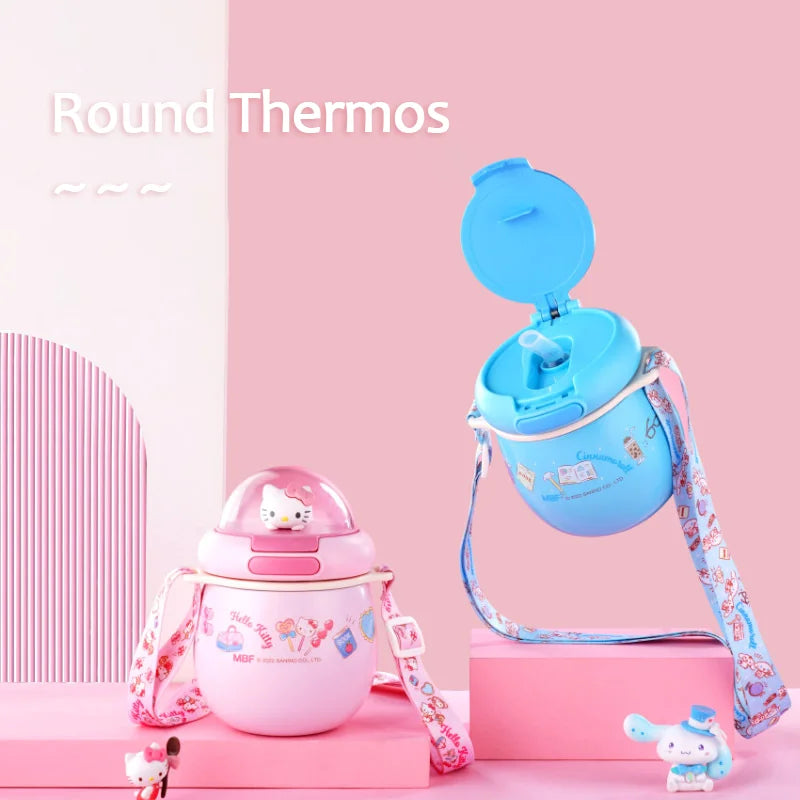 380ML Kawaii Hellokitty Sanrio Thermos Bottle Children Stainless Steel Spherical Bouncing Straw Insulated Cup Vacuum Flasks Mug
