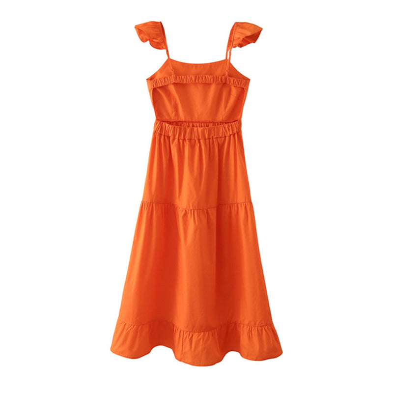 Orange Open Back Elastic Ruffle Sleeve Layered Dress A6-22112