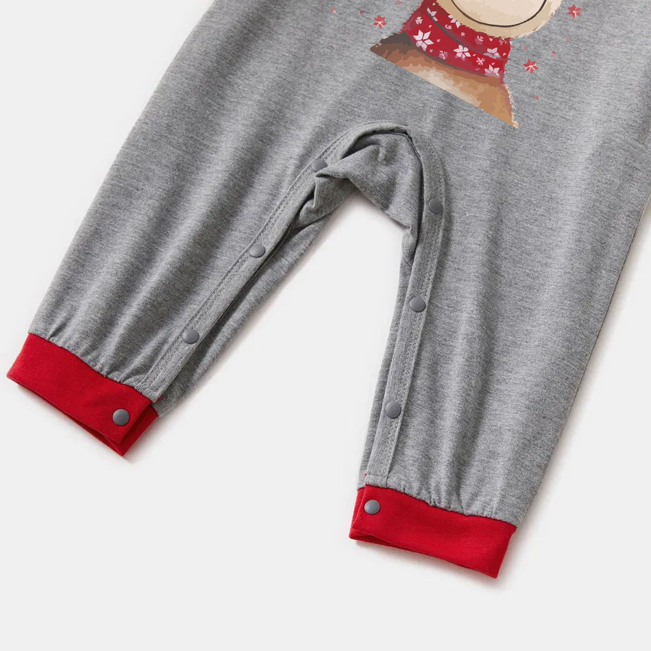 Short Sleeve Christmas Family Matching Pajamas Sets Christmas Deer Print Grey Top and Plaid Pants