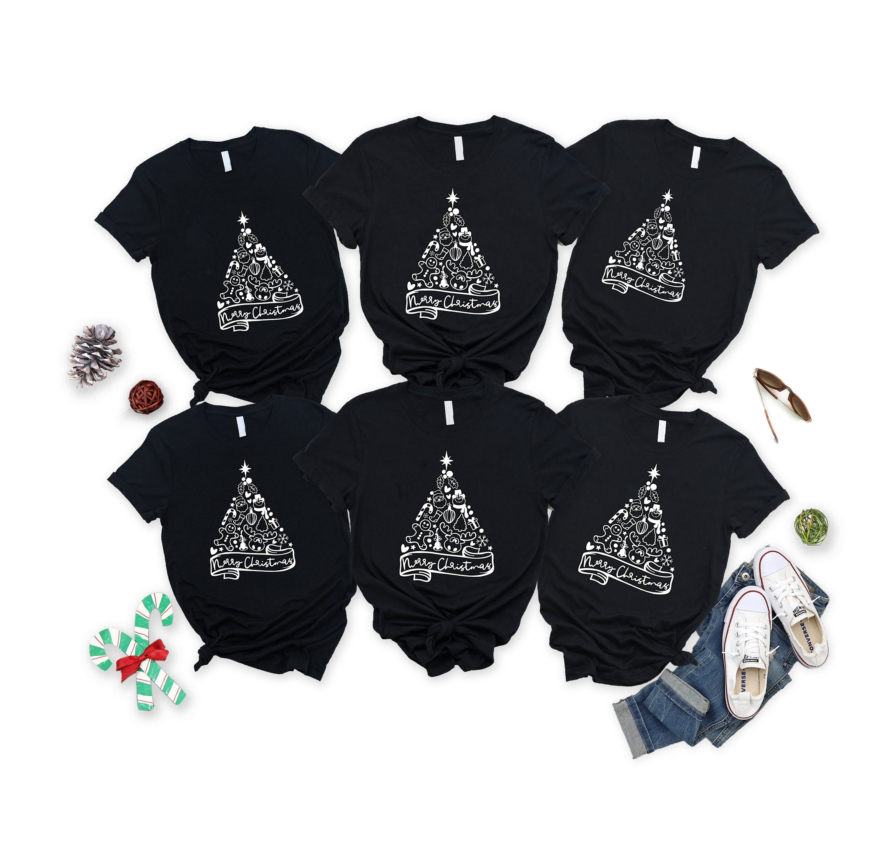 'Merry Chirstmas' And Gift-wrapped Christmas Tree Pattern Family Christmas Matching Pajamas Tops Cute Black Short Sleeve T-shirts With Dog Bandana