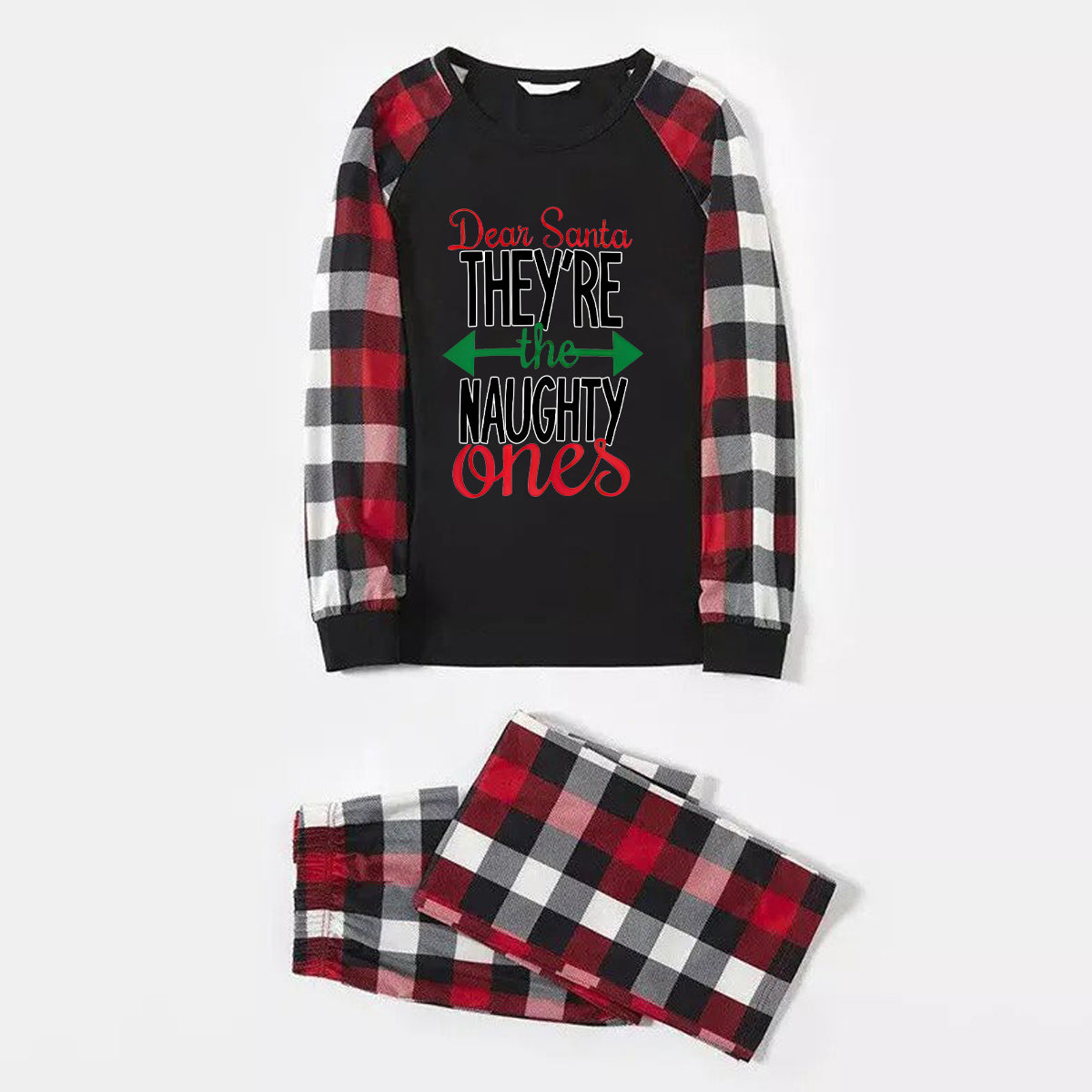 'Dear Santa Ther Are The Naughty One' Letter Print Casual Long Sleeve Sweatshirts Contrast Tops and Red & Black & White Plaid Pants Family Matching Pajamas Set With Dog Bandana