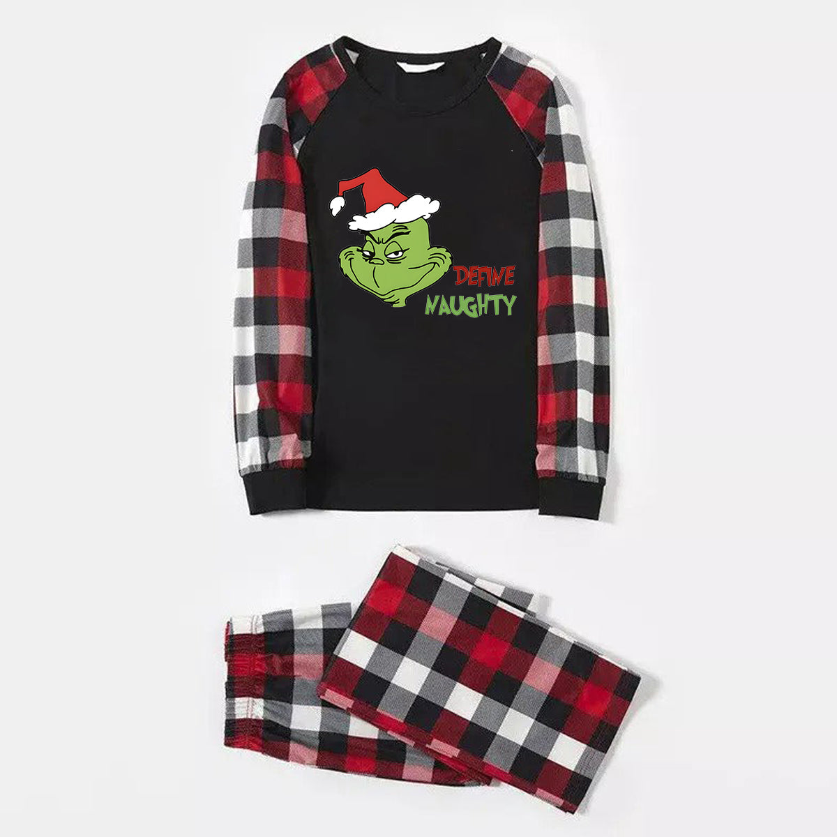 Christmas 'Define Naughty' Letter Print Patterned Casual Long Sleeve Sweatshirts Contrast Tops and Red & Black & White Plaid Pants Family Matching Pajamas Set With Dog Bandana