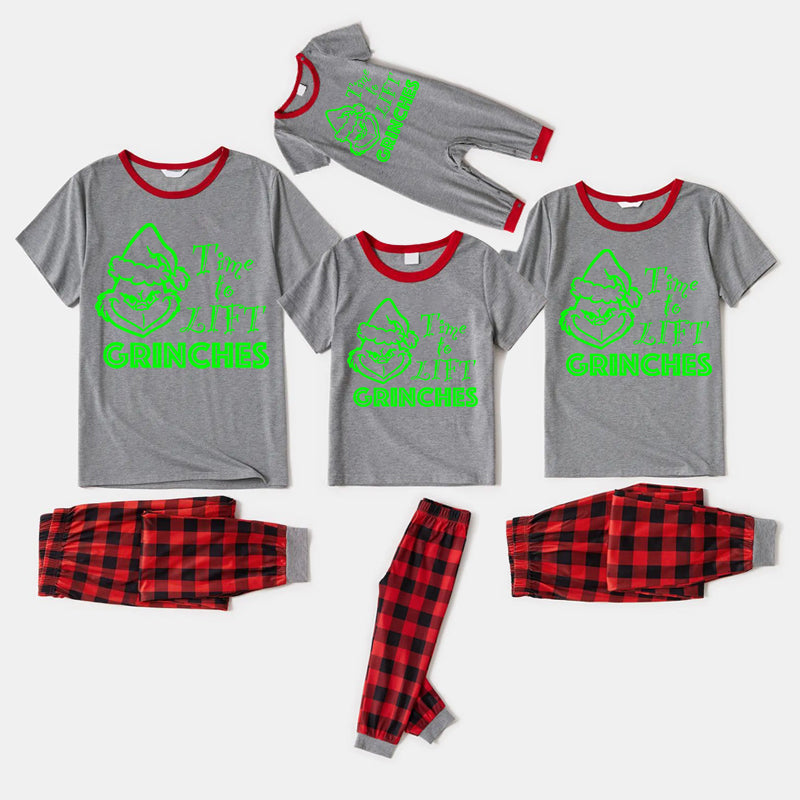 Christmas Cartoon and “Time To Lift”Letter Print Family Matching Raglan Short-sleeve Top Long Pants Pajamas Sets