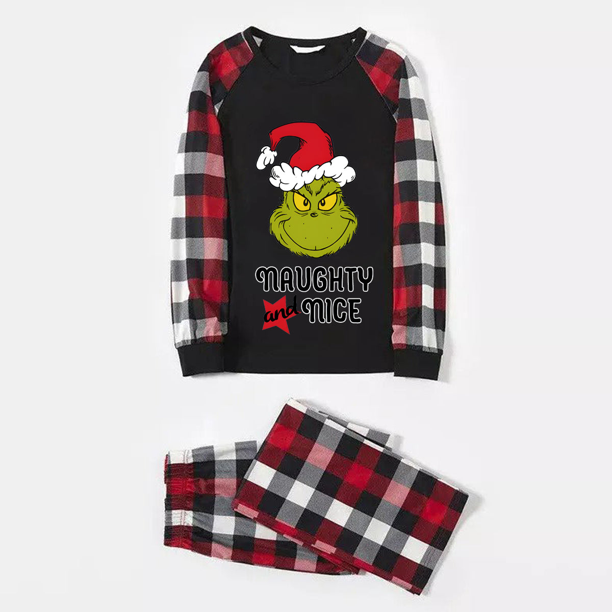Christmas "Naughty&Nice" Letter Print Patterned Casual Long Sleeve Sweatshirts Contrast Tops and Red & Black & White Plaid Pants Family Matching Pajamas Set With Pet Bandana