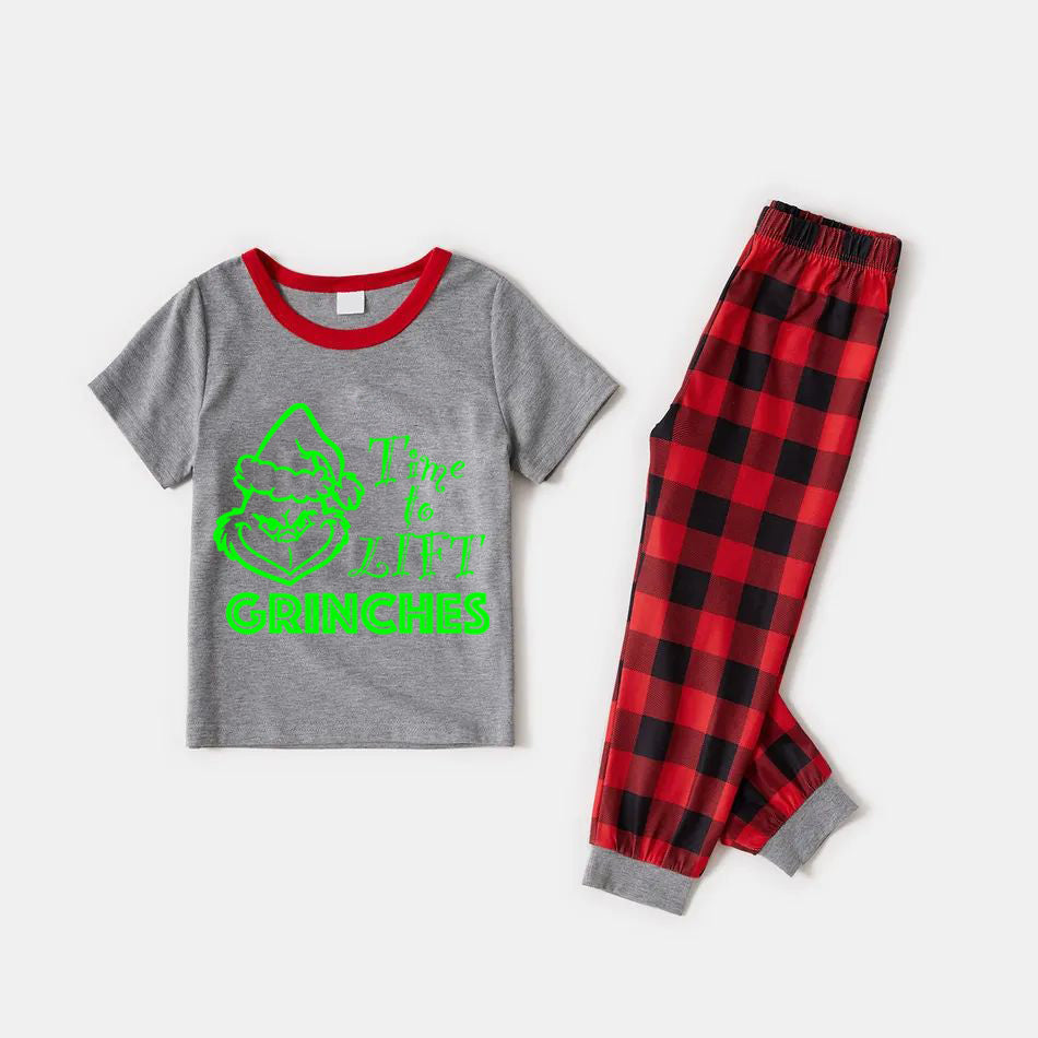 Christmas Cartoon and “Time To Lift”Letter Print Family Matching Raglan Short-sleeve Top Long Pants Pajamas Sets