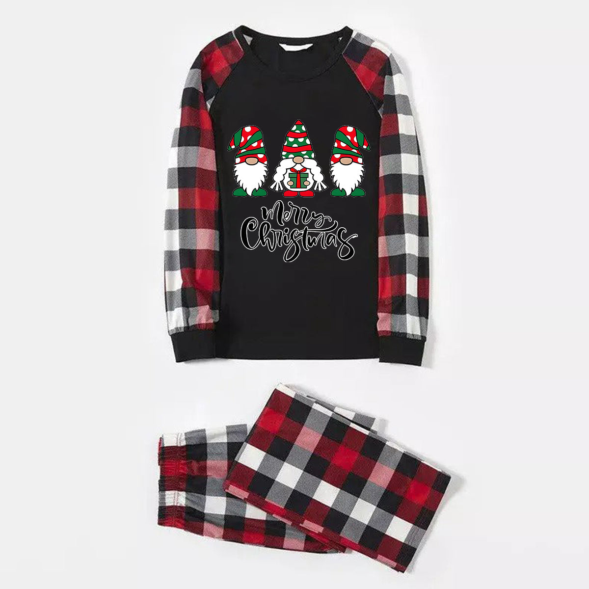 Merry Christmas Cute Gnome Print Casual Long Sleeve Sweatshirts Contrast Tops and Red & Black & White Plaid Pants Family Matching Pajamas Set With Dog Bandana