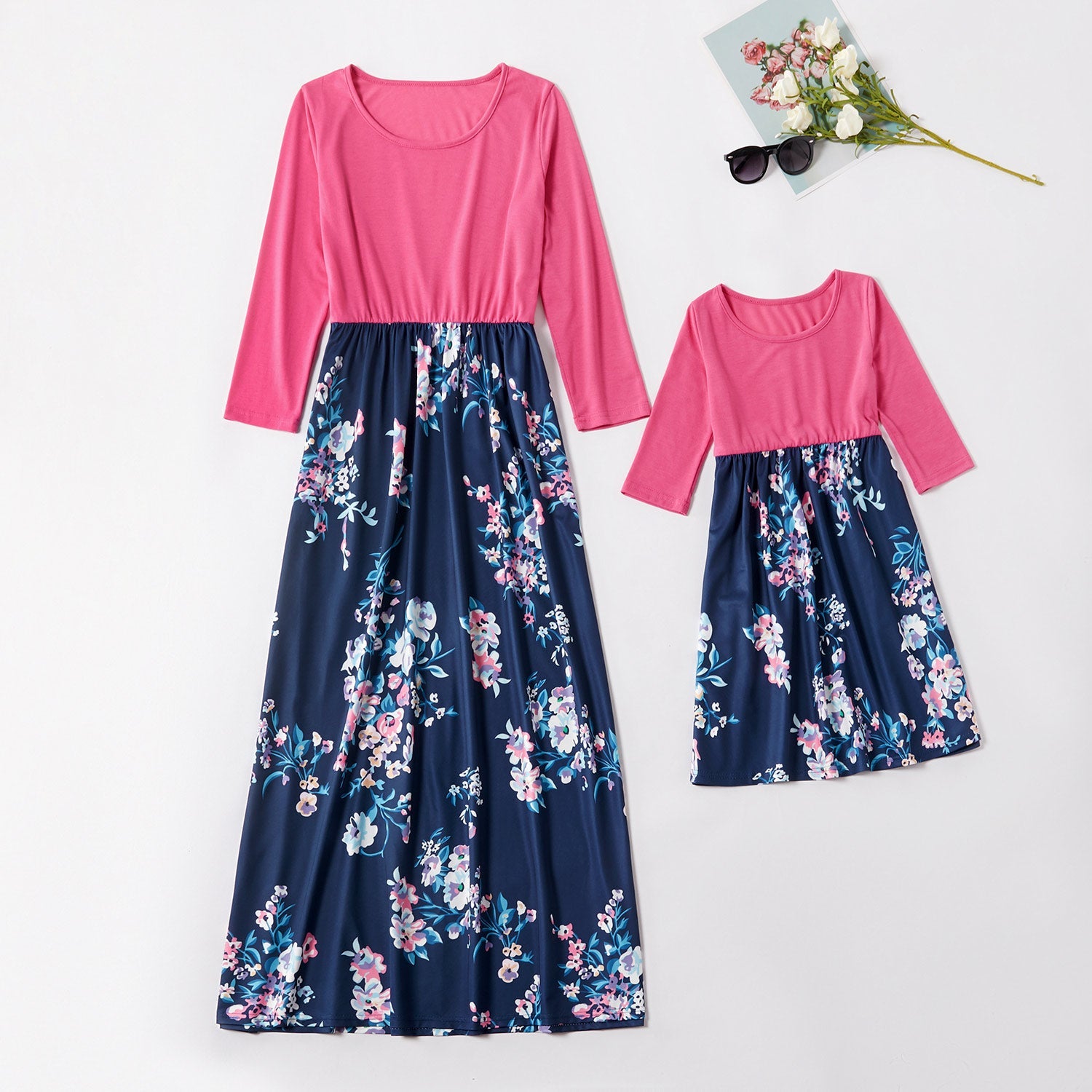 Pink Long Sleeve Floral Dress for Mom and Me Q2008-016