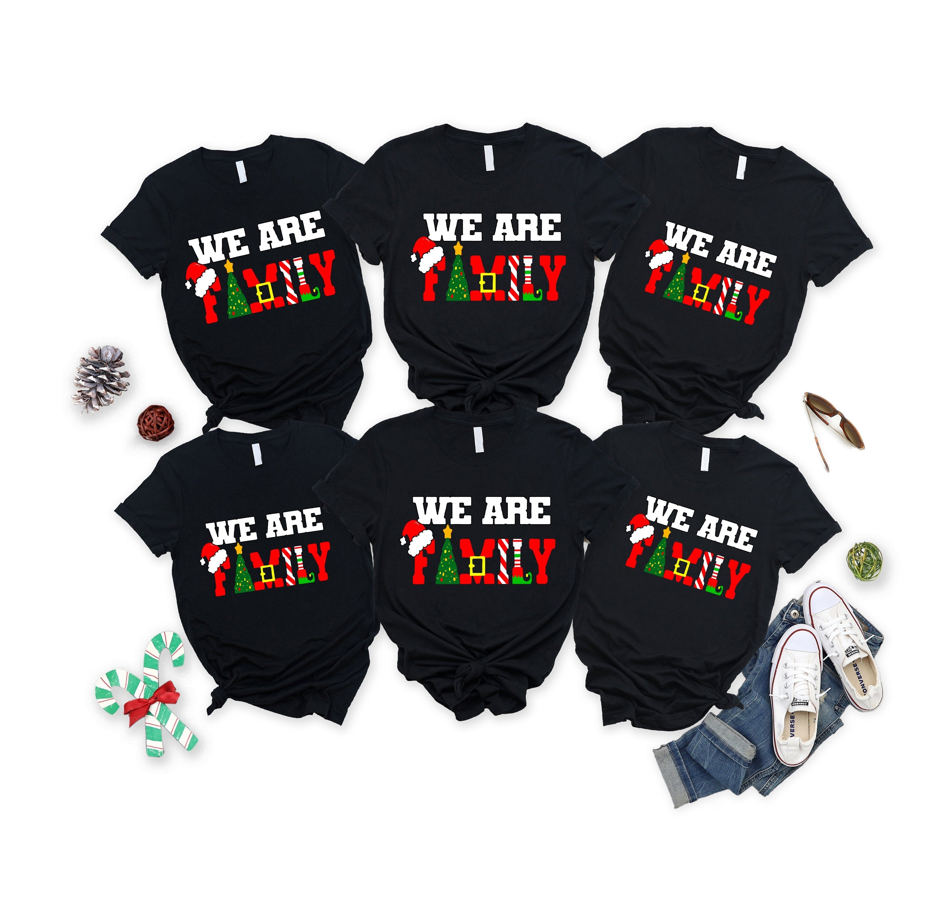 'We Are Family' Colorful Letter Pattern Family Christmas Matching Pajamas Tops Cute Black Short Sleeve T-shirts With Dog Bandana
