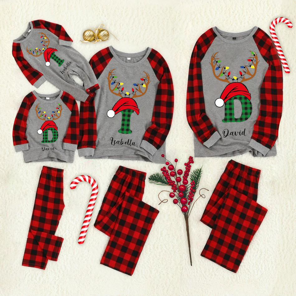 Christmas Antlers and Letter Print Grey Contrast top and Plaid Pants Family Matching Pajamas Set With Dog Bandana
