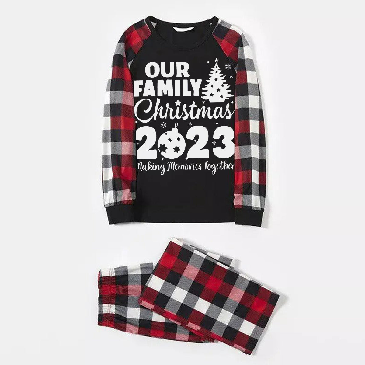 Christmas Tree & "Making Memories Together" Patterned Plaid Sleeve Contrast Tops and Red & Black & White Plaid Pants Family Matching Pajamas Set With Dog Bandana