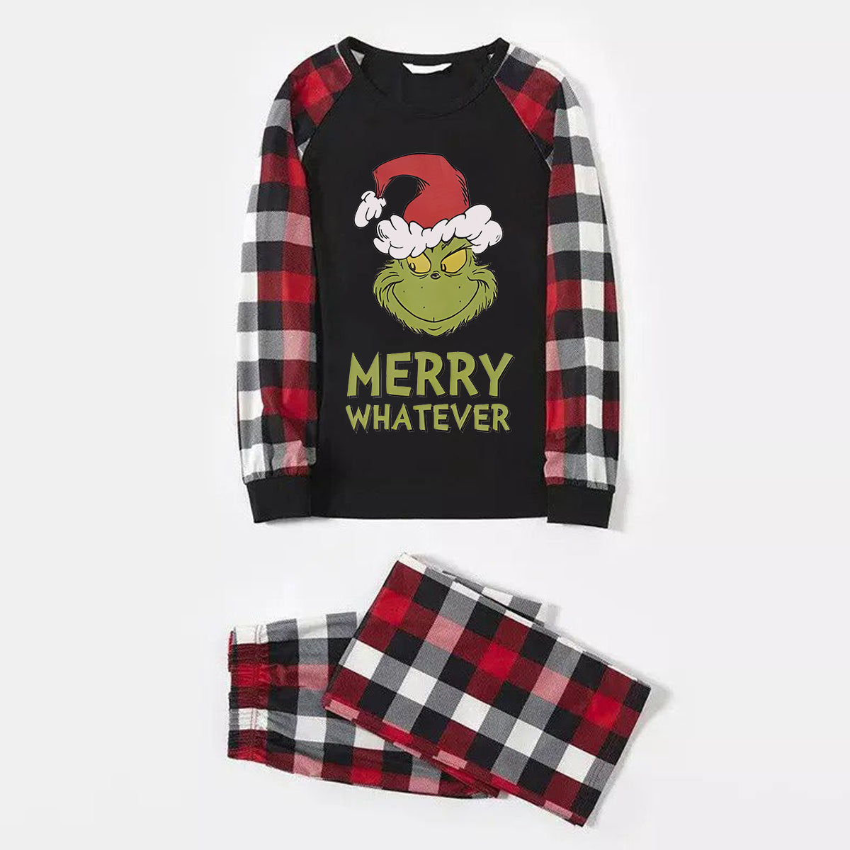 Christmas Cartoon and 'Merry Whatever' Letter Print Contrast Tops and Red & Black & White Plaid Pants Family Matching Pajamas Set With Dog Bandana