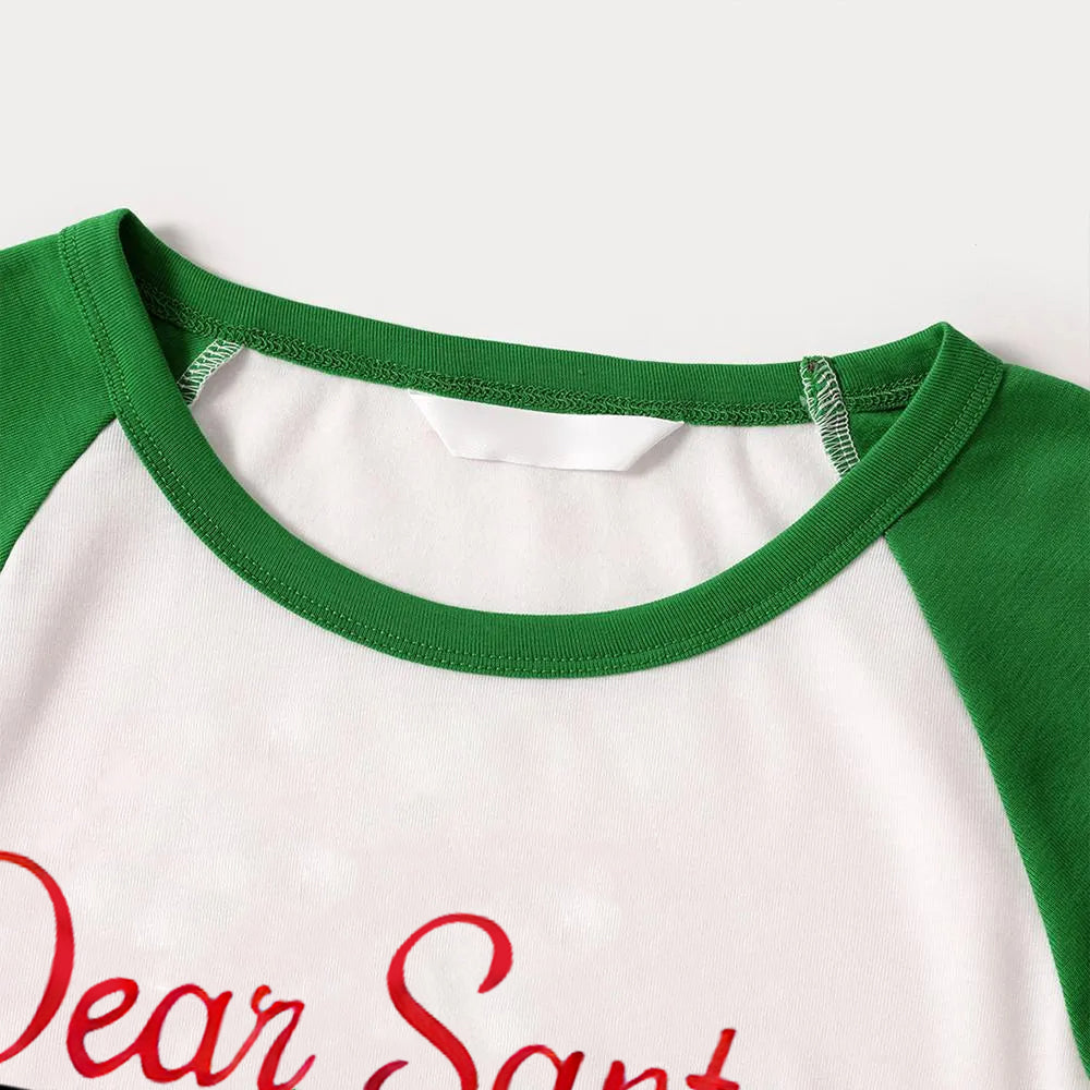 'Dear Santa Ther Are The Naughty One' Letter Print Casual Long Sleeve Sweatshirts Green Contrast Tops and Black and Gren Plaid Pants  Family Matching Raglan Long-sleeve Pajamas Sets With Dog Bandana