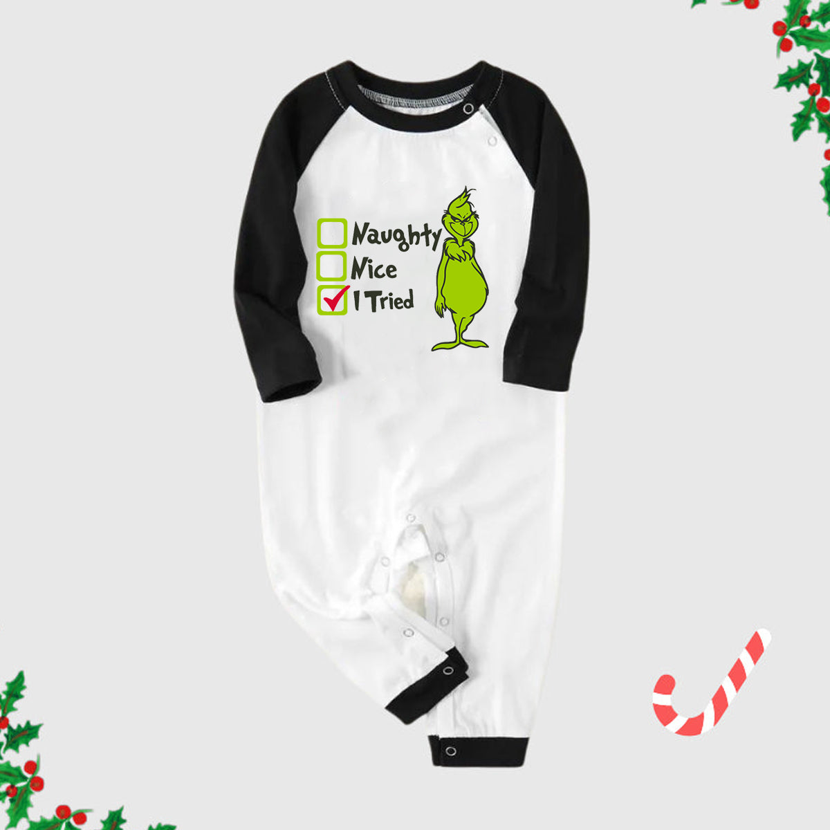 Christmas "Naughty&Nice& I Tried" Letter Print Patterned Casual Long Sleeve Sweatshirts Black Contrast Top and Black and Green Plaid Pants Family Matching Pajamas Sets With Pet Bandana