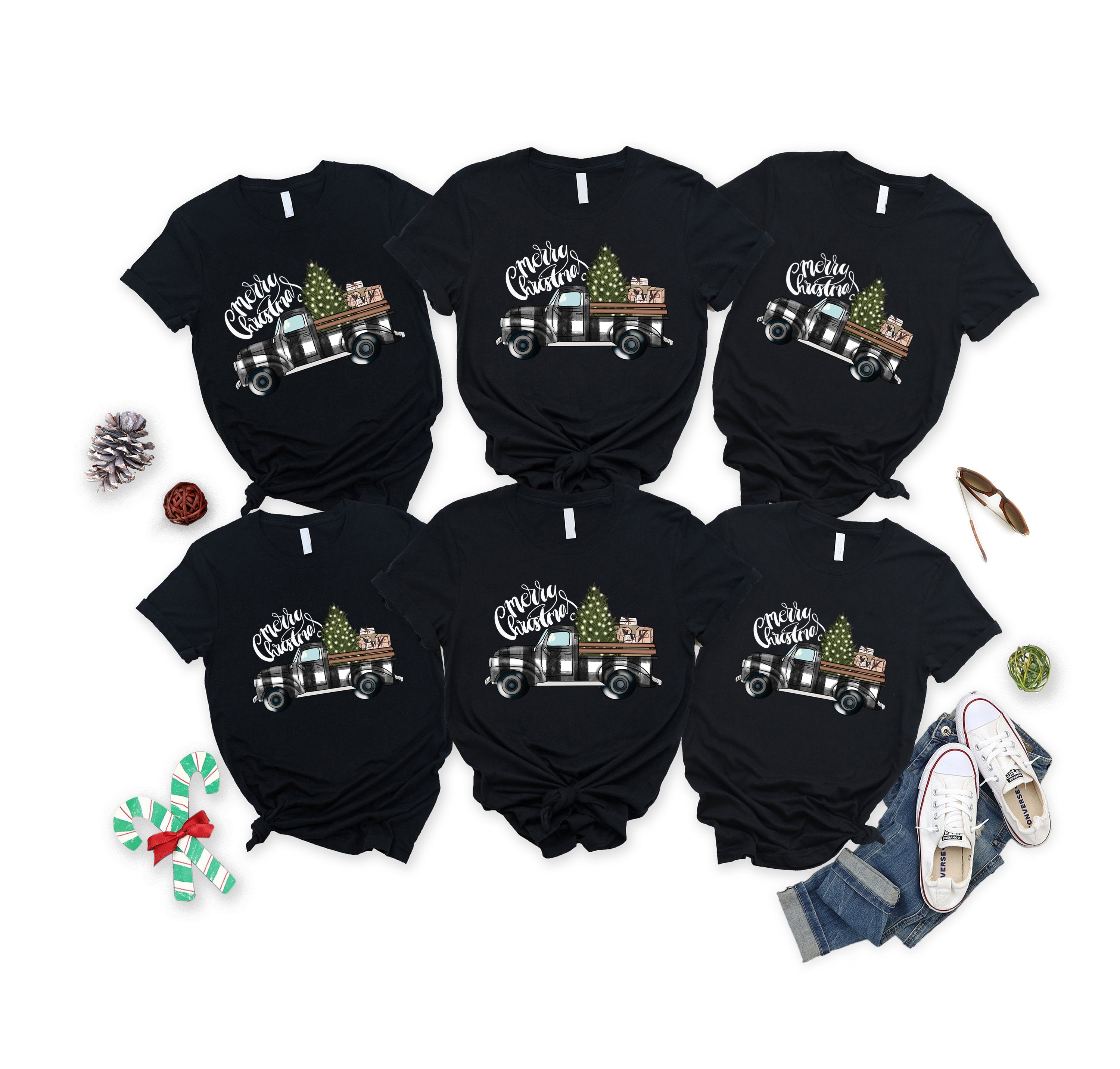 'Merry Chirstmas' Letter and ' A Car Of Gift' Pattern Family Christmas Matching Pajamas Tops Cute Black Short Sleeve T-shirts With Dog Bandana