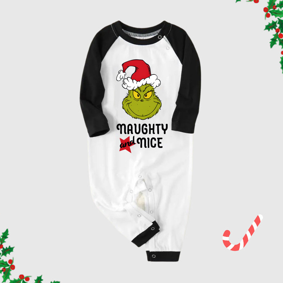 Christmas "Naughty&Nice" Letter Print Patterned Casual Long Sleeve Sweatshirts Black Contrast Top and Black and Green Plaid Pants Family Matching Pajamas Sets With Pet Bandana