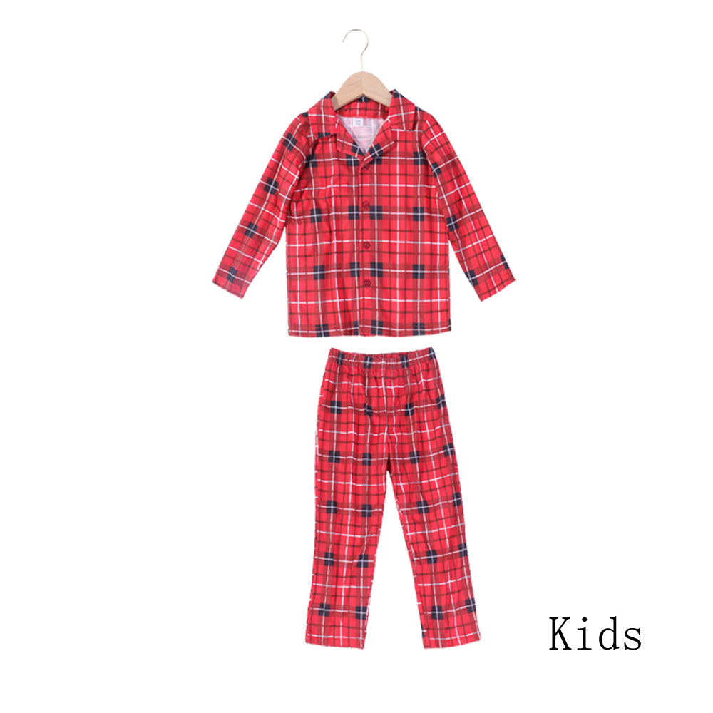 Christmas Family Matching Red Plaid Button Up Long-sleeve Pajamas Sets With Dog