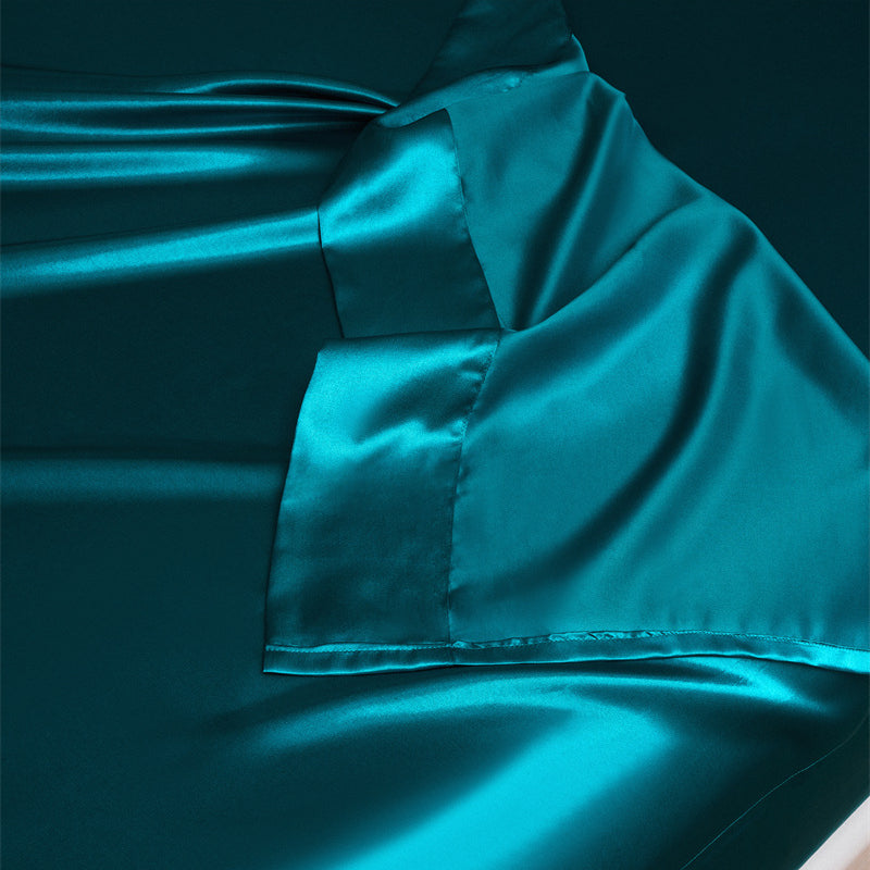 Blue-Green Satin Flat Sheet Fitted Sheet Pillowcase Four-Piece Sets
