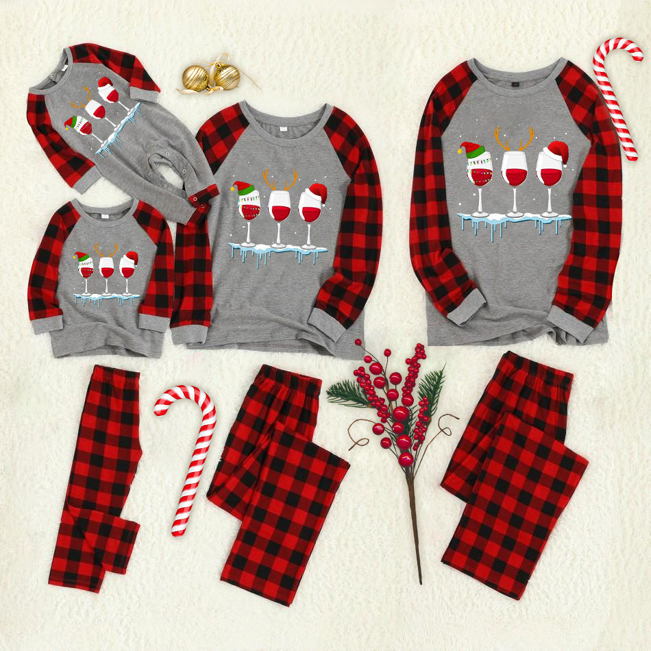 Christmas Red Wine Glass Wearing Christmas Hat & Antlers Patterned Grey Contrast top and Black & Red Plaid Pants Family Matching Pajamas Set With Dog Bandana