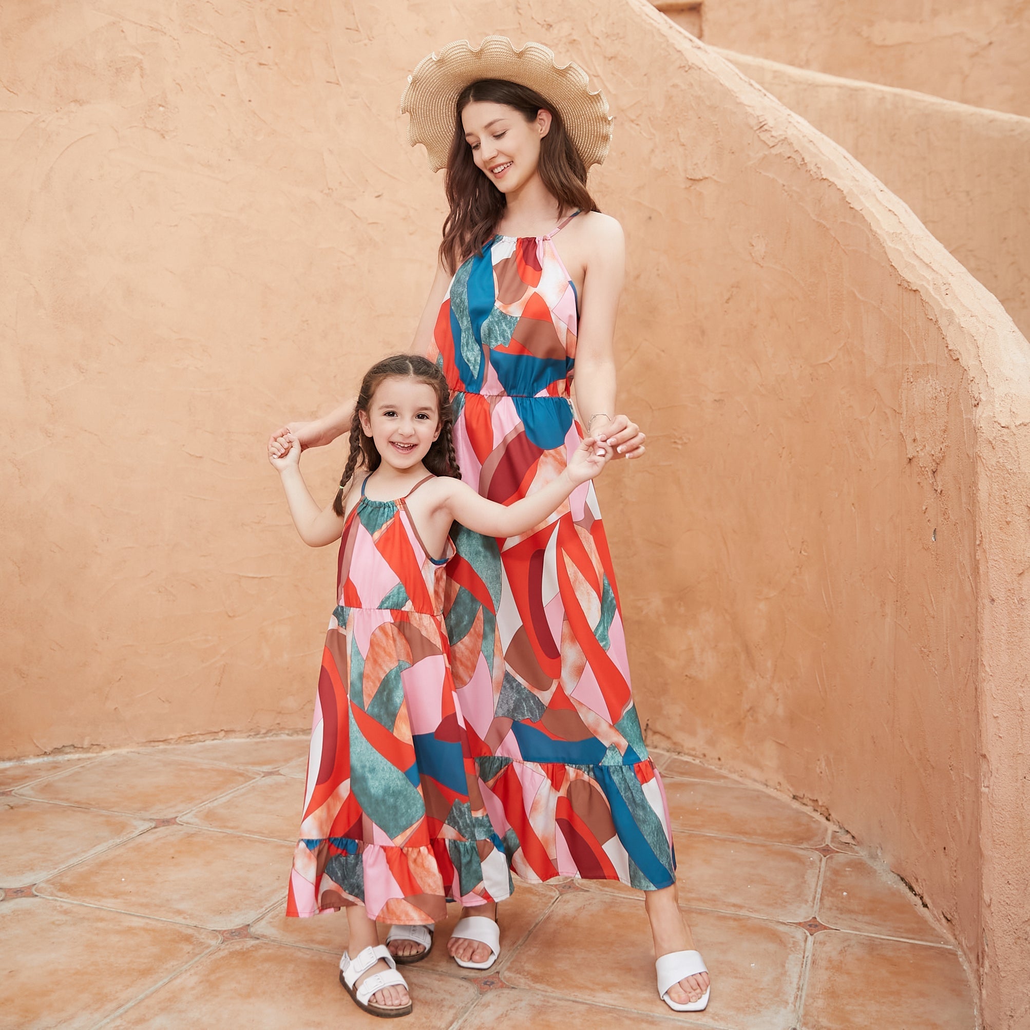 Family Matching Outfit Patchwork V-Neck Cami Dress & T-Shirt
