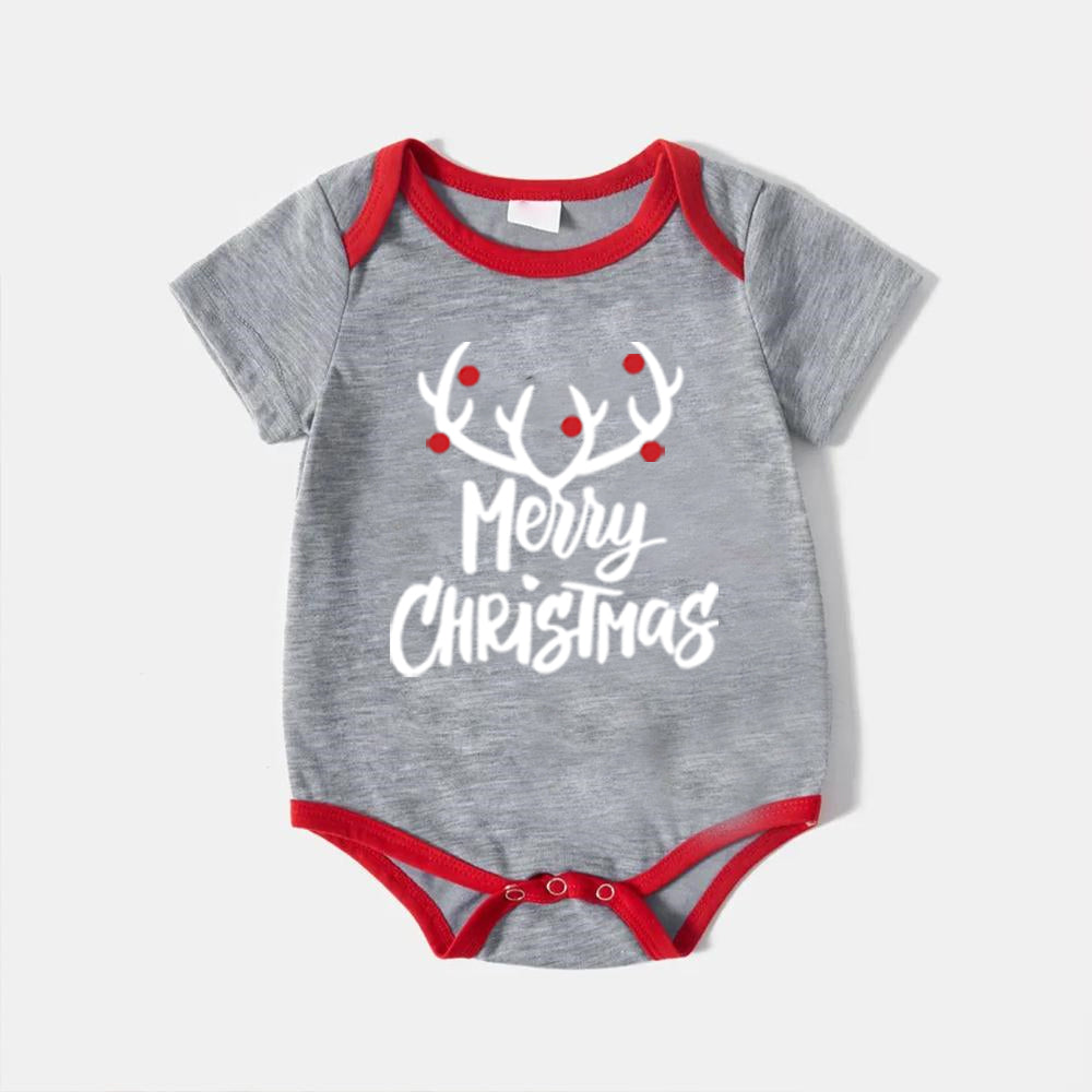 Short Sleeve Merry Christmas Antler Print Grey Family Matching Pajamas Set