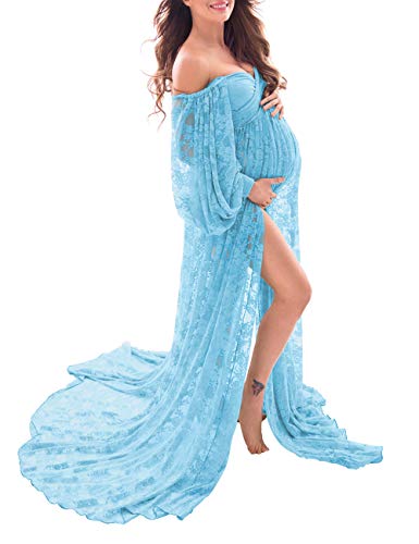 Soft Stretchy Lace Off Shoulder Doubly Split A-line Skirt Maternity Dress for Photoshoot