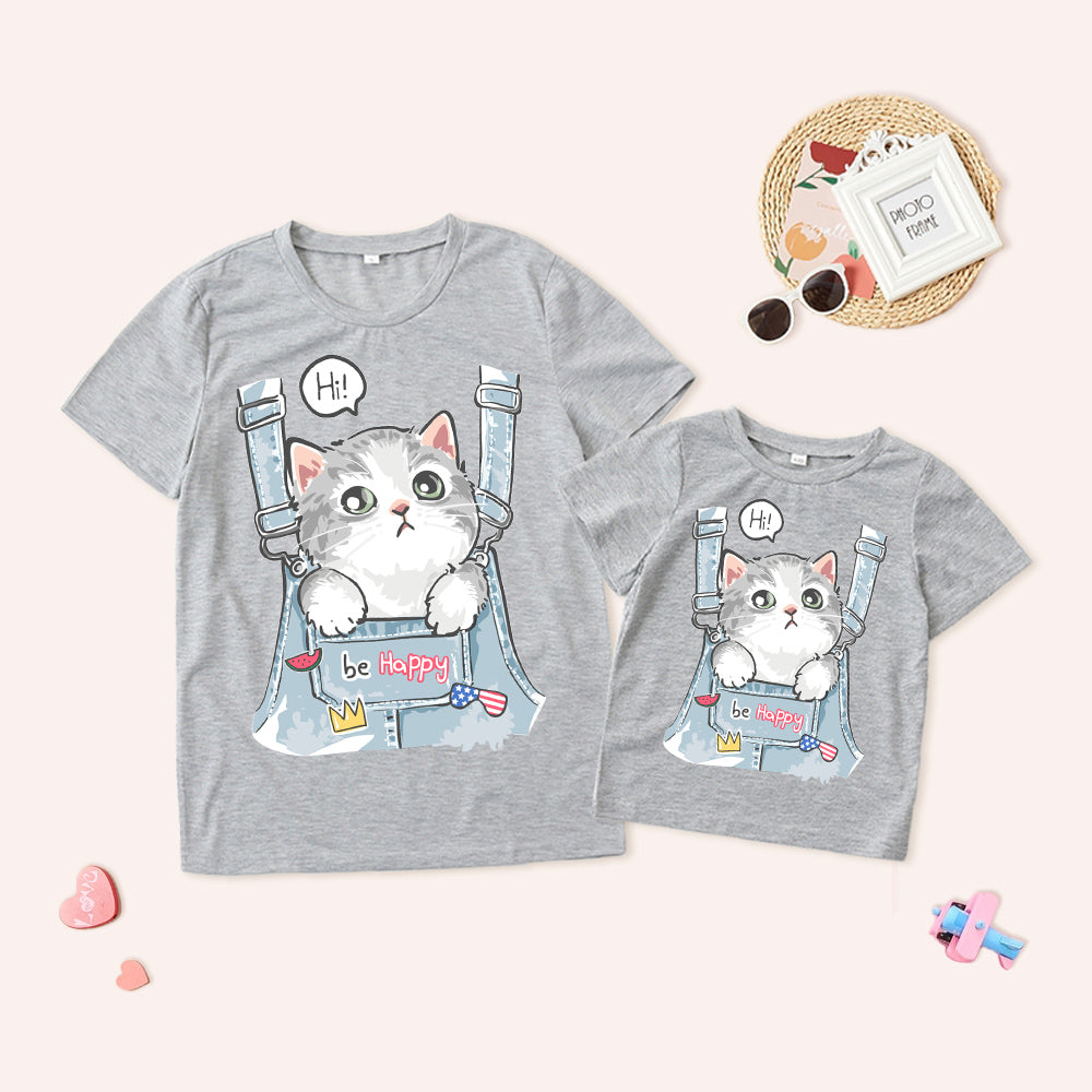 Mommy and Me Short Sleeve Cat Print T-Shirt