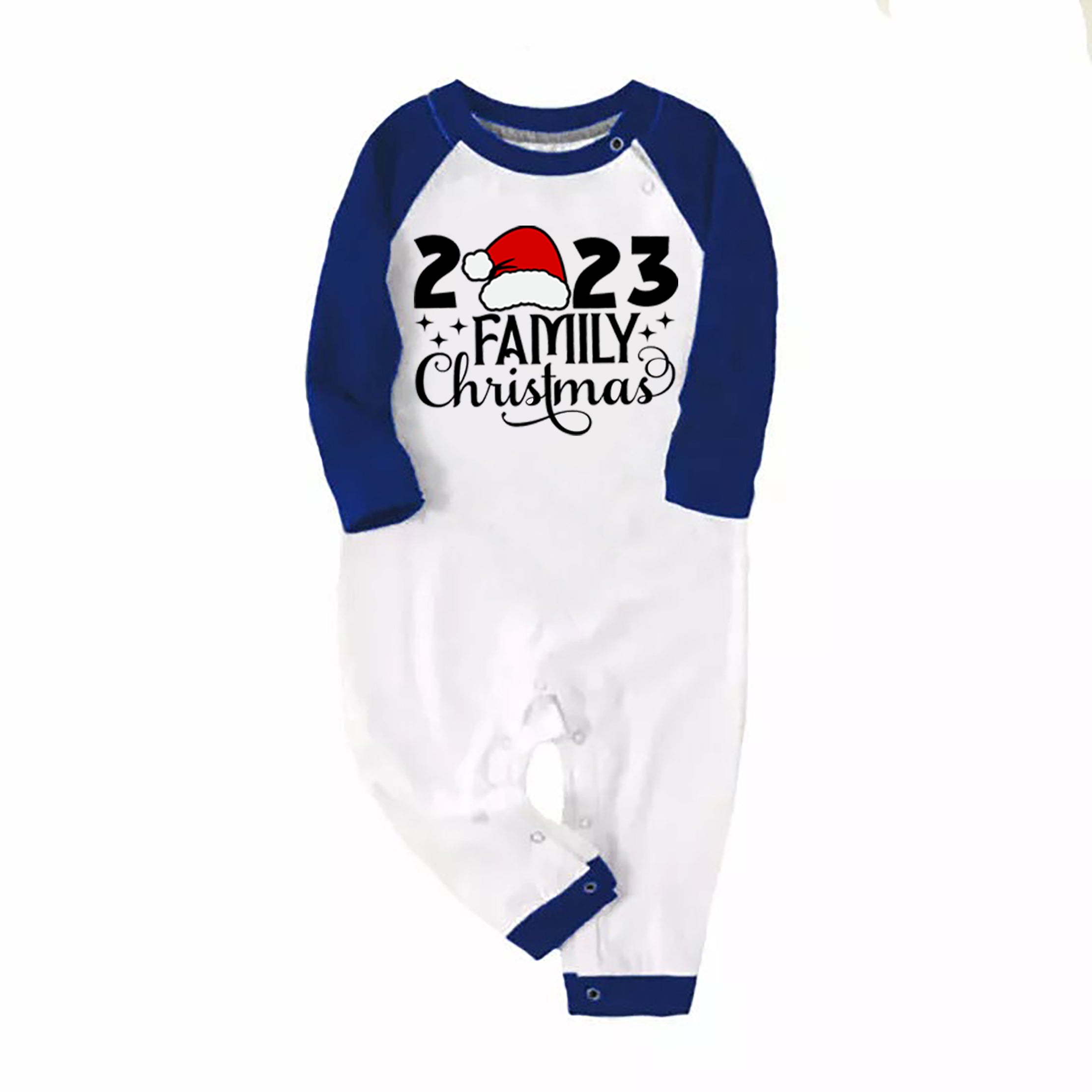 Christmas Cute Cartoon Santa Hat Patterned and '2023 FAMILY Christmas ' Letter Print Casual Long Sleeve Sweatshirts Contrast Blue & White Top and Black and Blue Plaid Pants Family Matching Pajamas Sets