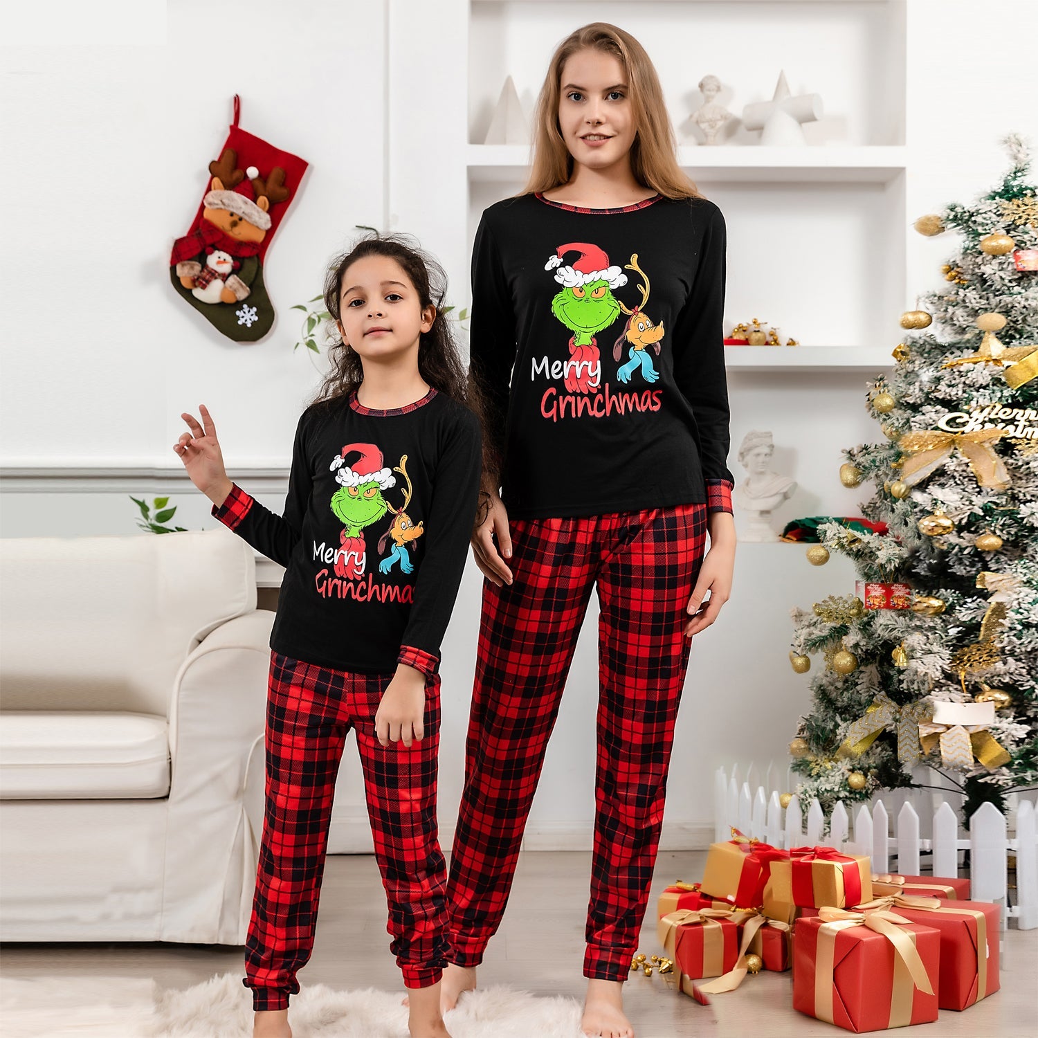 Family Matching Christmas Pattern Print Christmas Family Look Plaid Pajama Set