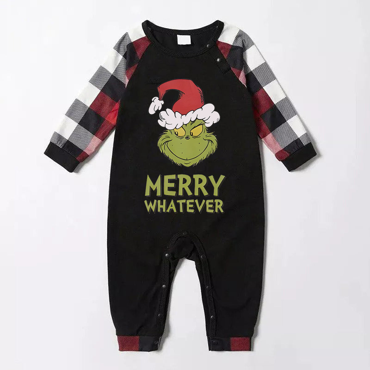Christmas Cartoon and 'Merry Whatever' Letter Print Contrast Tops and Red & Black & White Plaid Pants Family Matching Pajamas Set With Dog Bandana