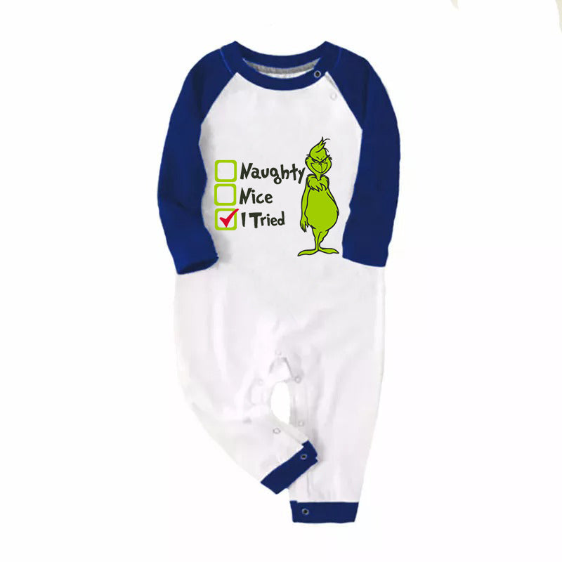 Christmas "Naughty&Nice& I Tried" Letter Print Patterned Casual Long Sleeve Sweatshirts Blue Sleeve Contrast Tops and Blue Plaid Pants Family Matching Pajamas Sets With Pet Bandan