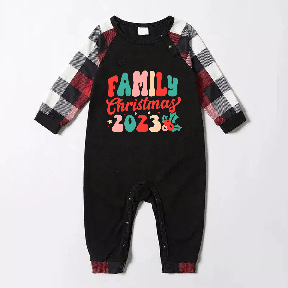 Christmas ‘ Family Christmas 2023’ Letter Print Patterned Casual Long Sleeve Sweatshirts Contrast Tops and Red & Black & White Plaid Pants Family Matching Pajamas Set With Dog Bandana
