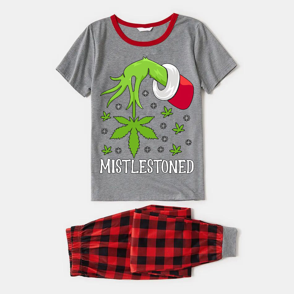 Christmas Cartoon and “Mistlestoned”Letter Print Family Matching Raglan Short-sleeve Top Long Pants Pajamas Sets