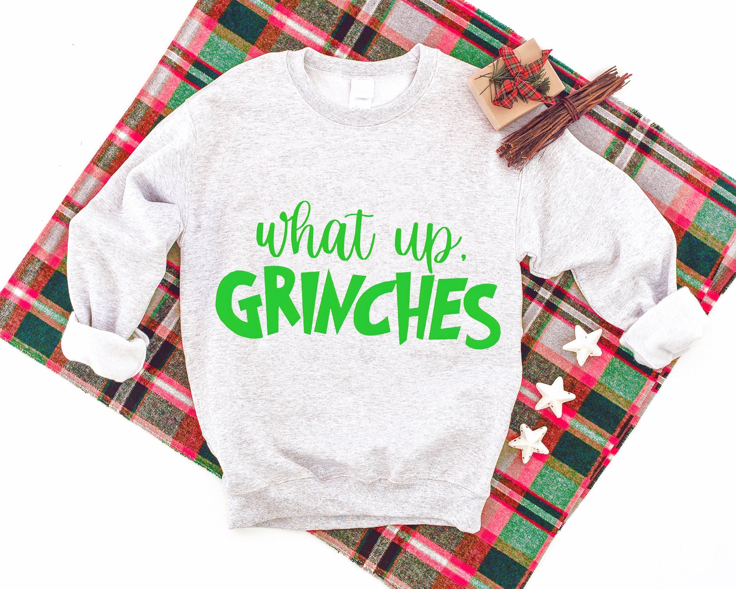 'What Up' Green Letter Pattern Family Christmas Matching Pajamas Tops Cute Light-gray Long Sleeve Sweatshirt With Dog Bandana