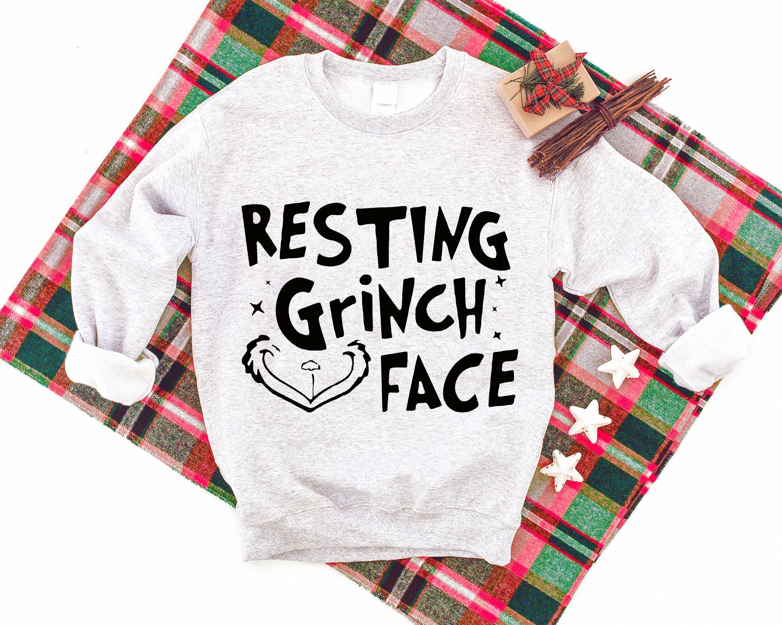 'Resting Face' Black Letter Pattern Family Christmas Matching Pajamas Tops Cute Light-gray Long Sleeve Sweatshirts With Dog Bandana