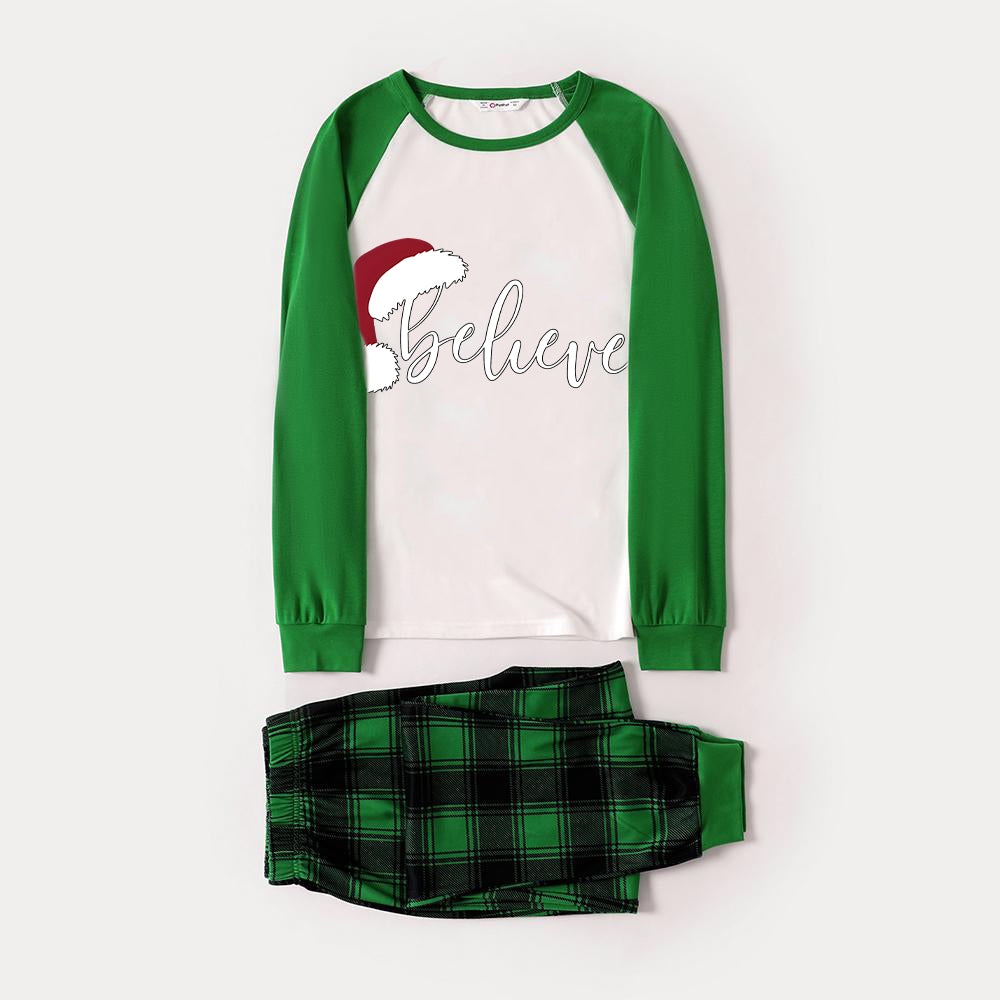 Christmas Hat and ‘Believe“ Letter Print Patterned Green Sleeve Contrast Tops and Black and Green Plaid Pants Family Matching Raglan Long-sleeve Pajamas Sets With Dog Bandana