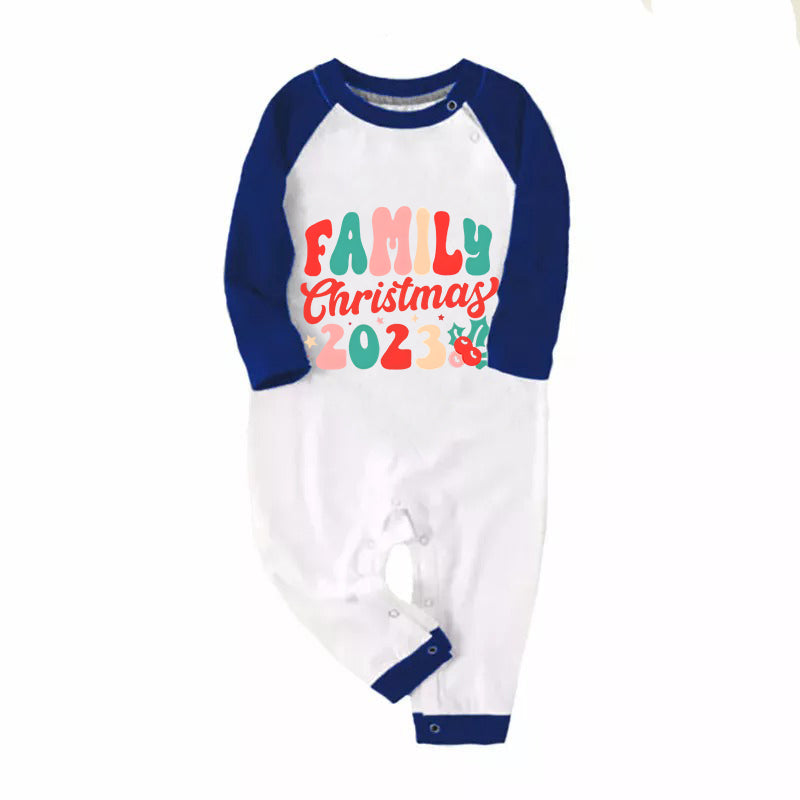 Christmas ‘ Family Christmas 2023’ Letter Print Patterned Casual Long Sleeve Sweatshirts Blue Sleeve Contrast Tops and Blue Plaid Pants Family Matching Pajamas Sets With Dog Bandan